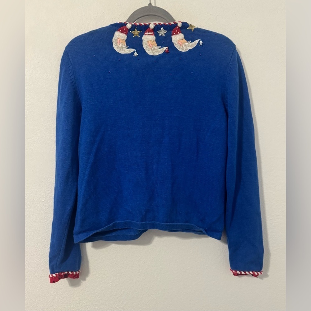 Jack B. Quick Christmas Sweater Cardigan Santa Moon Beading Red White Blue Med P - Picture 3 of 9